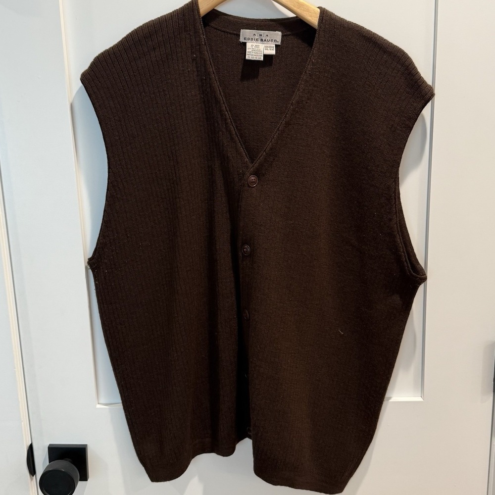 AKA Eddie Bauer VTG MenMerino Wool Button Up Sweater Vest Brown Grandpa Core XXL